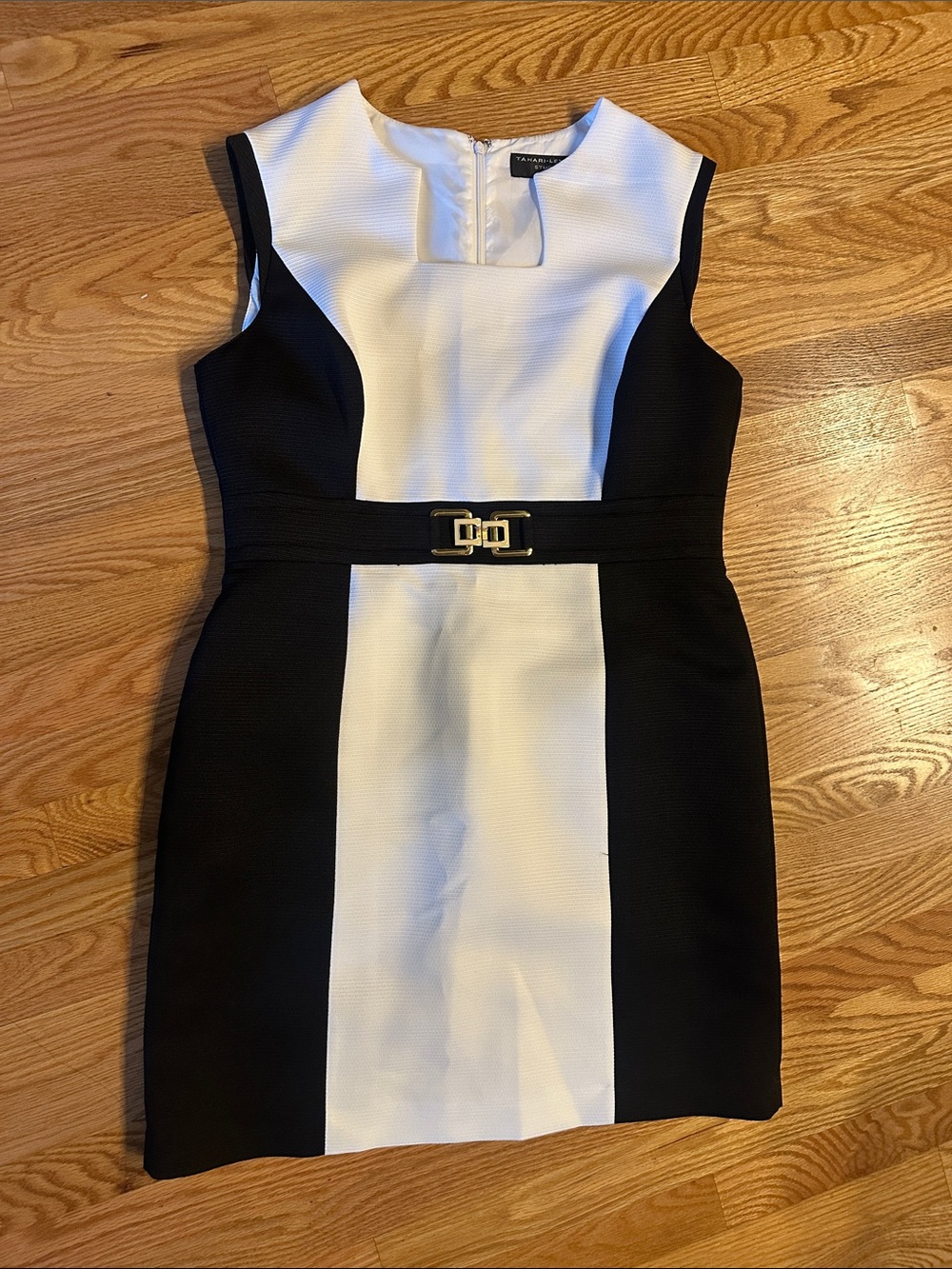 Tahari Woman Black and White Colorblock Sheath Dress with Gold Buckle